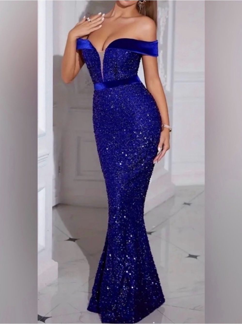 Off-Shoulder Sequin Mermaid Evening Dress in Royal Blue